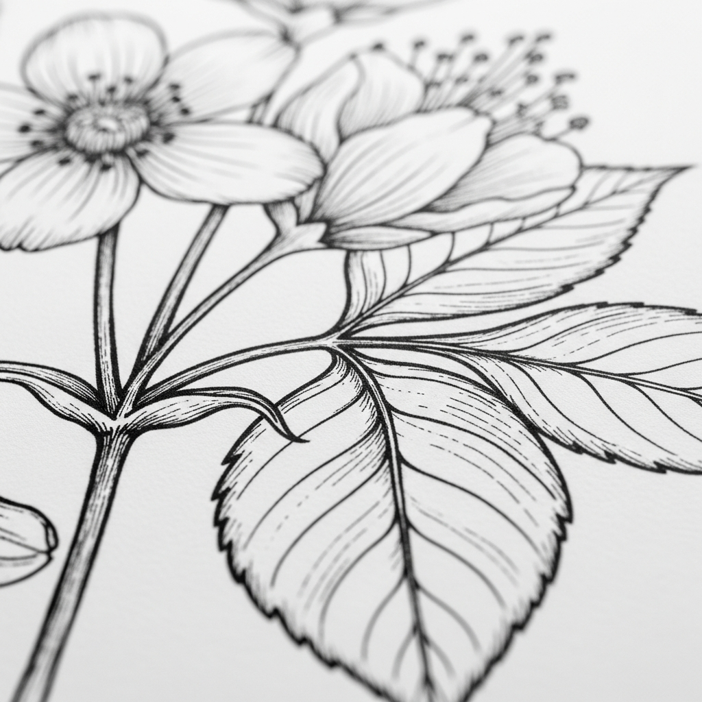 Рисунок тушью — цветы и листья